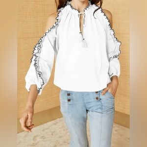 Ulla Johnson Amandine Cold Shoulder Poplin Blouse White Ruffle Peasant Top Boho